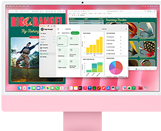 iMac, face avant, couleur rose, écran affichant plusieurs apps ouvertes